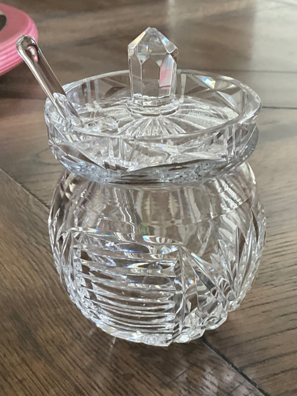 Crystal jam jar with lid and dipping spoon